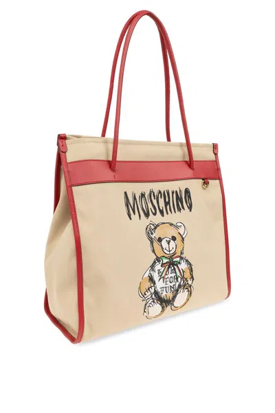 Shop Moschino Teddy Bear Printed Top Handle Bag In Beige/rosso