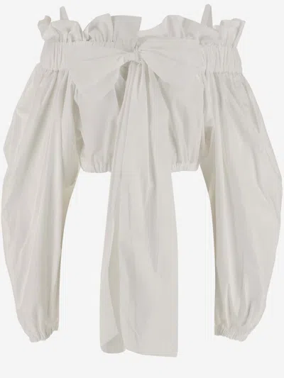 Shop Patou Cotton Crop Top With Bow In Bianco