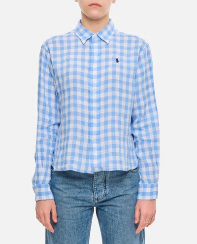 Shop Polo Ralph Lauren Linen Crop Shirt In Clear Blue