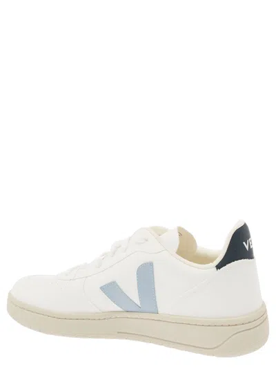 Shop Veja White And Light Blue Sneakers With Logo Details In Leather Man