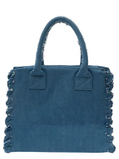 Shop Pinko Beach Blue Tote Bag With Logo Lettering Embroidery In Cotton Blend Denim Woman