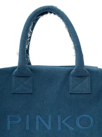 Shop Pinko Beach Blue Tote Bag With Logo Lettering Embroidery In Cotton Blend Denim Woman