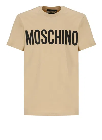 Shop Moschino Logo Printed Crewneck T-shirt In Beige