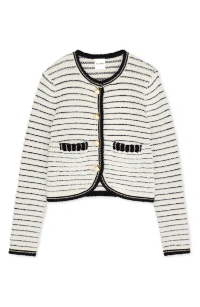Shop St John Stripe Eyelash Chenille Sweater Jacket In Ecru/ Black