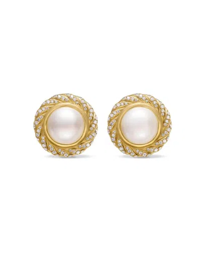 Shop David Yurman Women's Pearl Classics Cable Halo Button Earrings In 18k Yellow Gold With Diamonds, 18.8mm In South Sea White Pearl