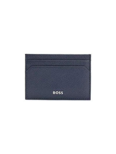Shop Hugo Boss Men's Grained Leather Card Holder With Logo Lettering In Dark Blue
