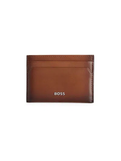 Shop Hugo Boss Men's Leather Card Holder With Logo Lettering In Brown