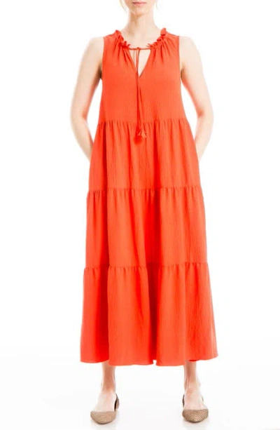 Shop Max Studio London Tie Neck Tiered Maxi Dress In Papaya-papaya