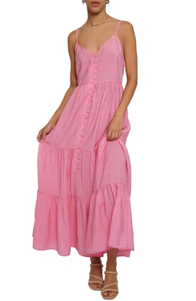 Shop Know One Cares Button Tiered Maxi Dress In Pink