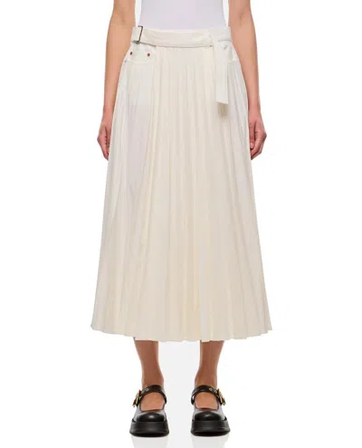 Shop Sacai Pleated Midi Denim Skirt In White