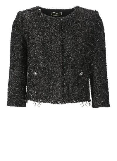 Shop Elisabetta Franchi Collarless Tweed Cropped Jacket In Black