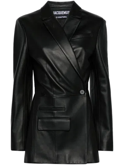 Jacquemus Tibau Double-breasted Leather Jacket In Black