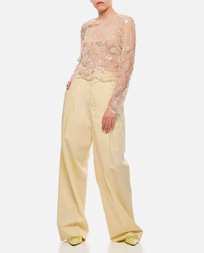 Shop Bottega Veneta Wide Silk And Cotton Trousers In Yellow