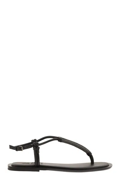 Shop Brunello Cucinelli Leather Sandals With Precious Braided Straps In Black