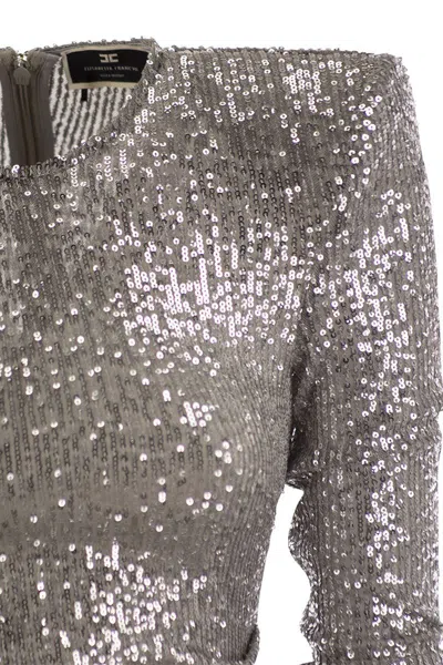 Shop Elisabetta Franchi Sequin Minidress With Asymmetric Skirt In Pearl