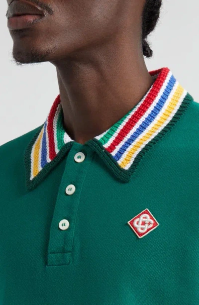 Shop Casablanca Primary Stripe Knit Collar Organic Cotton Polo In Green