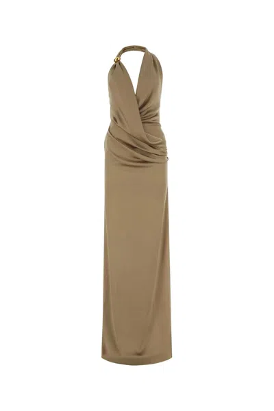 Shop Blumarine Halter Neck Long Dress In Sandy Grey