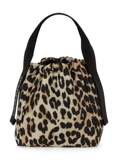 Shop Ganni Drawstring Top Animalier Bucket Bag In Leopard