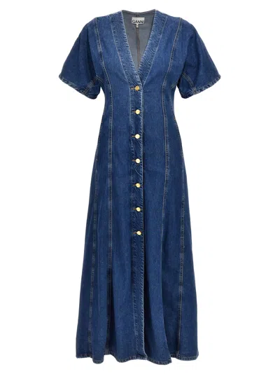 Shop Ganni V-neck Long Denim Dress In Mid Blue Stone