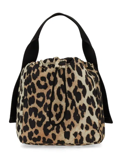 Shop Ganni Drawstring Top Animalier Bucket Bag In Leopard