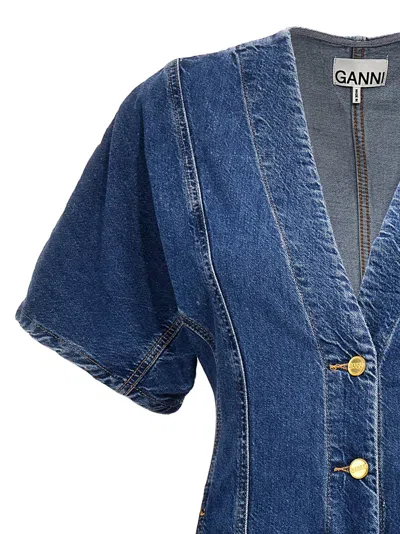 Shop Ganni V-neck Long Denim Dress In Mid Blue Stone