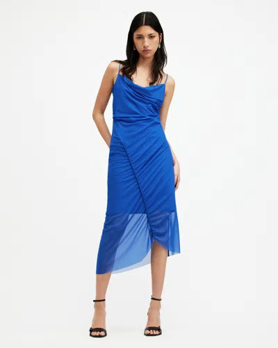 Shop Allsaints Ulla Mesh Draped Midi Dress In Electric Blue
