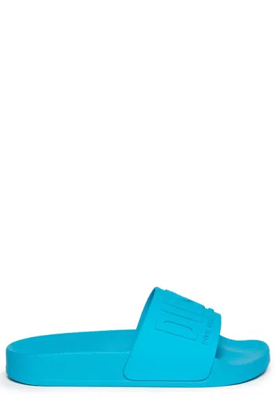 Shop Diesel Logo Embossed Slip-on Slides In Blue