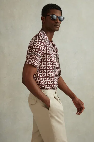 Shop Reiss Prentice - Tobacco Geometric Print Cuban Collar Shirt, Xxl