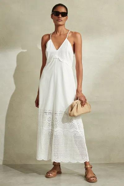 Reiss White Cotton Broderie Maxi Dress In White