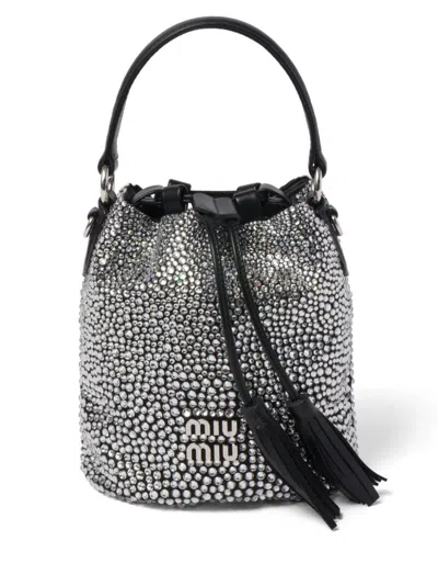 Shop Miu Miu Black Crystal-embellished Satin Bucket Bag