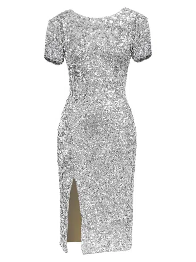 Shop Dress The Population Women's Natasha Sequined Midi-dress In Silver