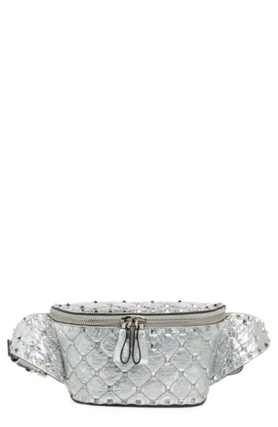 Shop Valentino Stud Quilt Waist Bag In Silver/ Pastel Grey