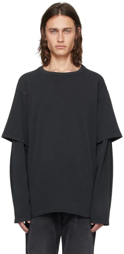 Shop 424 Black Layered Long Sleeve T-shirt In Washed Black