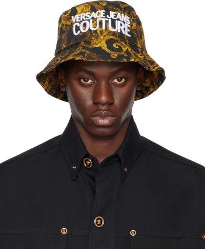 Shop Versace Jeans Couture Black & Gold Watercolor Couture Bucket Hat In Eg89 Black/gold