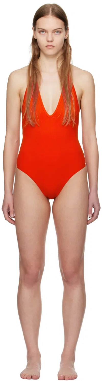 Shop Bottega Veneta Red Halter Neck Swimsuit In 6120 Tulip