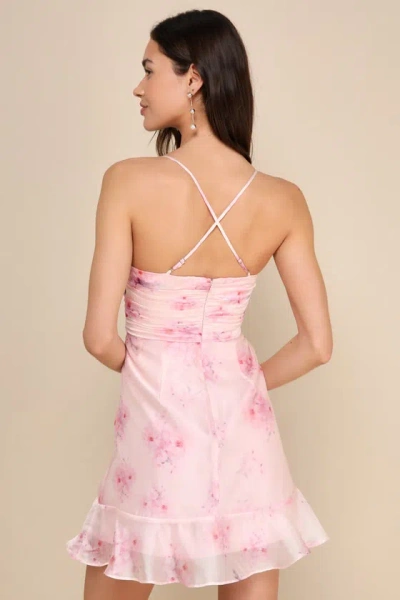 Shop Lulus Flirty Perception Pink Floral Organza Ruched Ruffled Mini Dress
