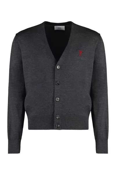 Shop Ami Alexandre Mattiussi Ami Paris Merino Wool Cardigan In Grey
