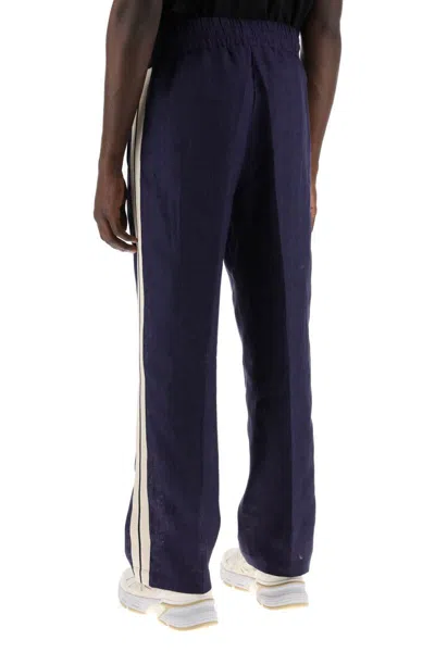 Shop Palm Angels Linen Joggers With Side Stripes In Blue