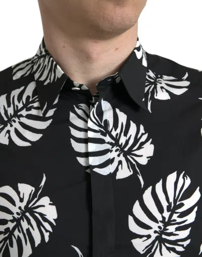 Shop Dolce & Gabbana Elegant Leaf Print Slim Fit Dress Men's Shirt In Black