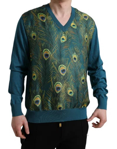 Shop Dolce & Gabbana Silk V-neck Peacock Feather Men's Sweater In Green