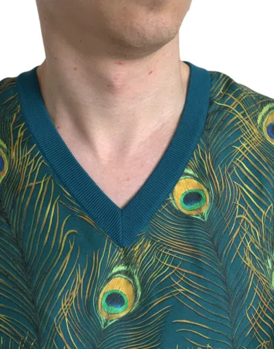 Shop Dolce & Gabbana Silk V-neck Peacock Feather Men's Sweater In Green