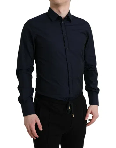 Shop Dolce & Gabbana Elegant Navy Jacquard Dress Men's Shirt In Navy Blue