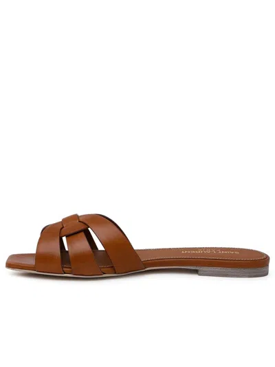 Shop Saint Laurent Amber Leather Tribute Slippers In Brown