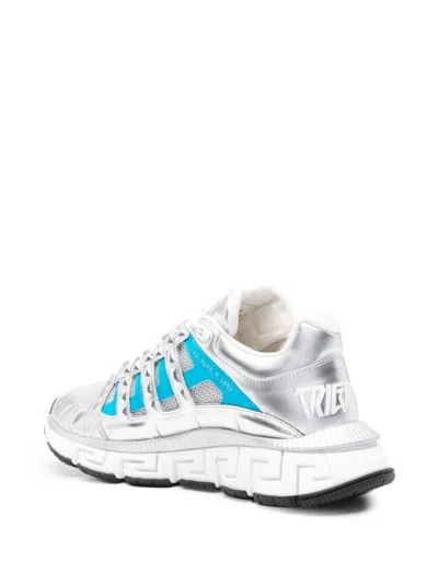 Shop Versace Trigreca Sneakers With Mesh Inserts And Design In Blu E Argento