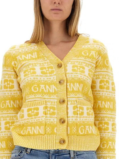 Shop Ganni Cardigan With Logo In Yellow
