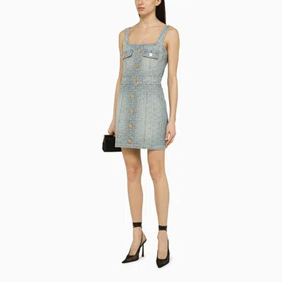 Shop Balmain Light Blue Denim Mini Dress With Monogram Women
