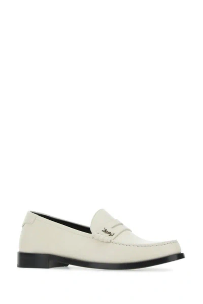 Shop Saint Laurent Man Chalk Leather Monogram Loafers In White