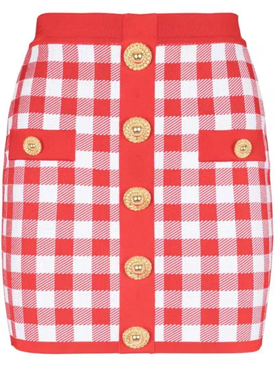 Shop Balmain Vichy Buttoned Mini Skirt In Red