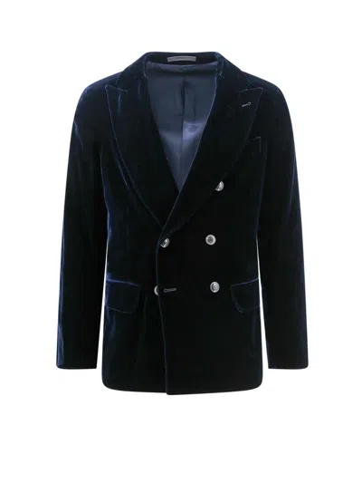 Giorgio Armani Velvet Blazer With Button Detailing And Wide Lapel In Blue