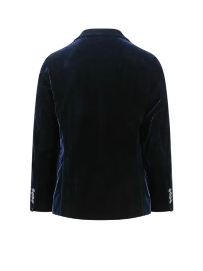 Giorgio Armani Velvet Blazer With Button Detailing And Wide Lapel In Blue